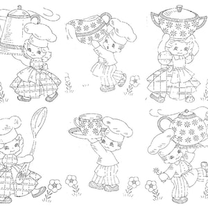 May include: Six black and white illustrations of children dressed as chefs carrying various kitchen items. The items include a teapot, a teacup, a sugar bowl, and a whisk. The children are all smiling and have a playful expression on their faces.