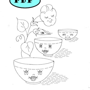 Puede incluir: Un dibujo en blanco y negro de tres cuencos con caras. Los cuencos están apilados uno encima del otro. El cuenco superior tiene una flor con una cara en la parte superior. El dibujo está sobre un fondo blanco.