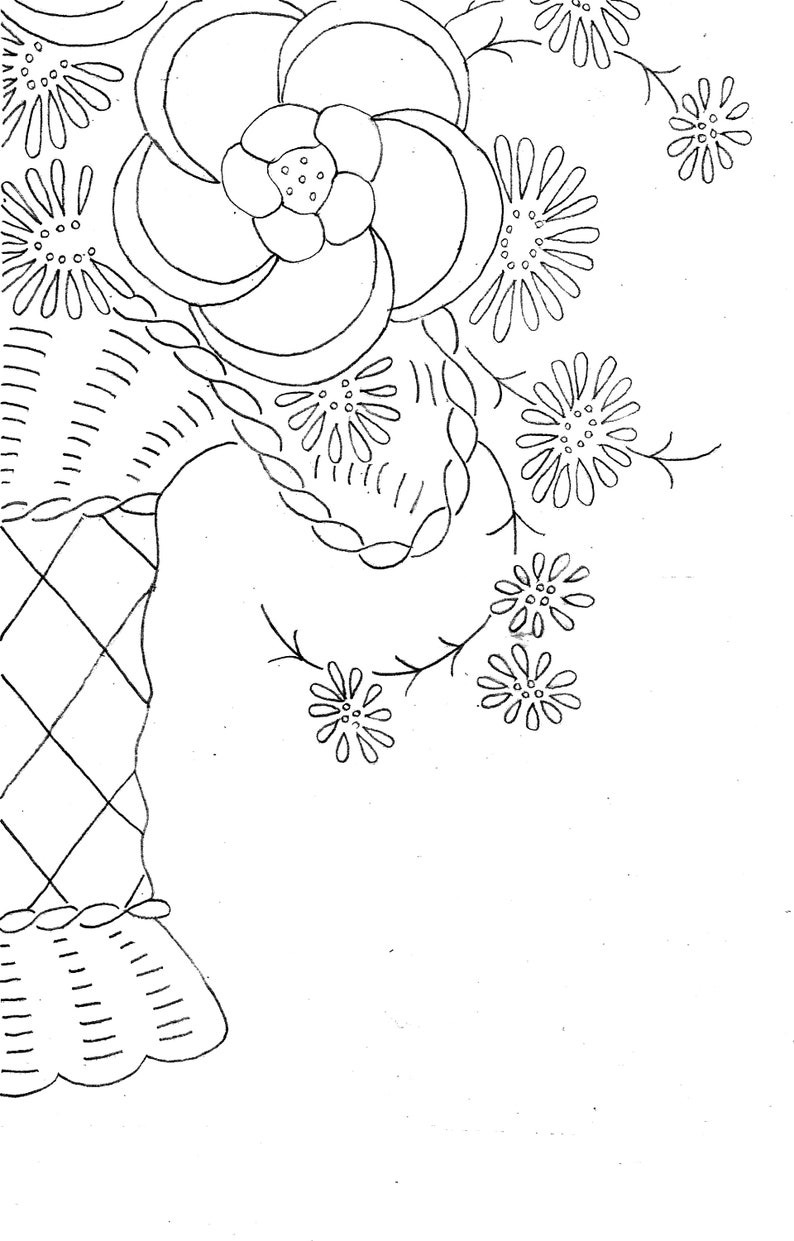 May include: A black and white line drawing of a floral design with a large flower in the center and smaller flowers surrounding it.