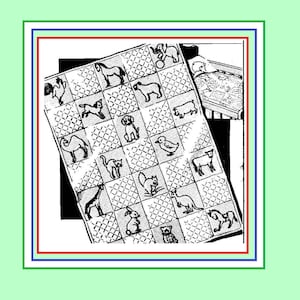 May include: Black and white illustration of a game board with various animal images. The board is divided into squares with a grid pattern. The animals include a camel, a giraffe, a duck, a cat, a rabbit, a pig, a horse, a squirrel, a bear, and an elephant.