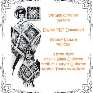 Granny Square Poncho - Digital PDF Download - 1960s Vintage Pattern in 3 sizes - Matching Handmade gifts for mother & daughter