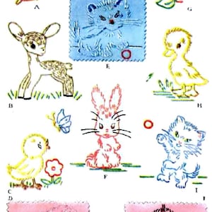DIGITAL hand Embroidery iron on transfer - 1253 Animals Deer Bird Squirrel Kitten Duck Chicken Bunny Rabbit Lamb Puppy for a Quilt Blanket