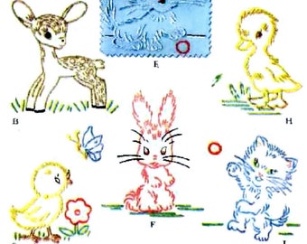 DIGITAL hand Embroidery iron on transfer - 1253 Animals Deer Bird Squirrel Kitten Duck Chicken Bunny Rabbit Lamb Puppy for a Quilt Blanket