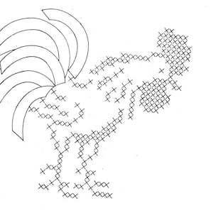 Digital Hand Embroidery Pattern Design 615 Roosters in cross stitch with bias tape tail feathers for Dish Towels 1950s