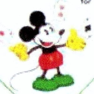 May include: A cartoon illustration of Mickey Mouse wearing red shorts, yellow gloves, and green shoes. He is smiling and has black ears and eyes.