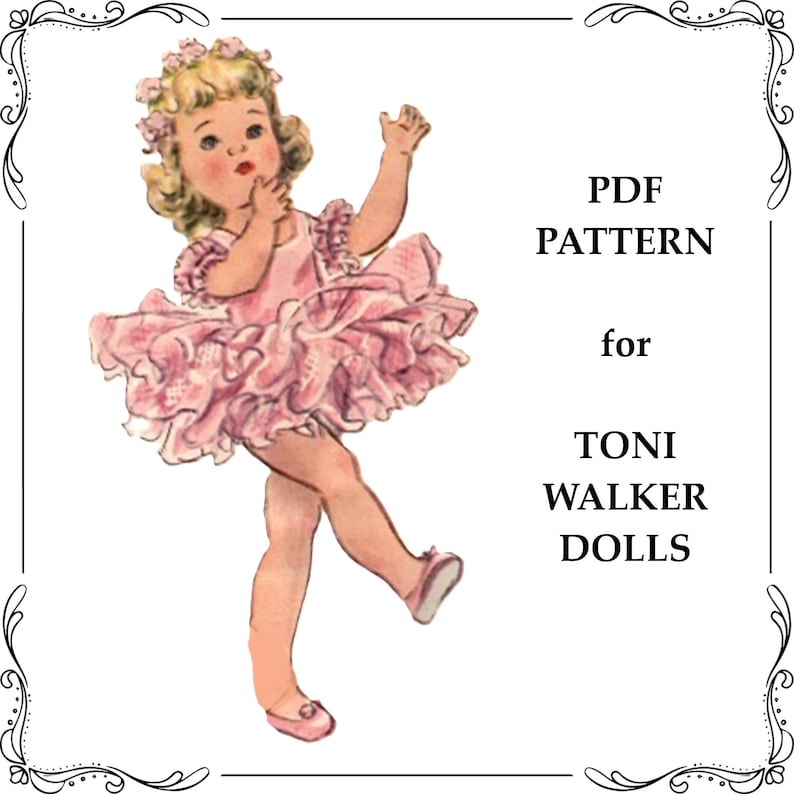 May include: A digital illustration of a blonde doll wearing a pink ruffled dress and matching shoes, posed with one arm raised. The text PDF PATTERN for TONI WALKER DOLLS is printed on the right side, all enclosed within a decorative black border.