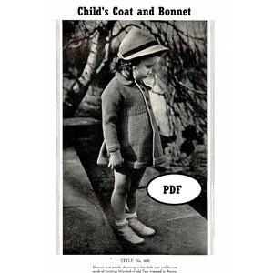 May include: A black and white photo of a child wearing a knitted coat and bonnet. The coat and bonnet are made of a light-colored yarn and trimmed in brown. The child is standing on a stone path in a wooded area. The text "PDF" is in a speech bubble in the lower right corner of the image. The text "STYLE No. 600" is below the image. The text "Demure and utterly charming is this little coat and bonnet made of Knitting Worsted-Gold Tan, trimmed in Brown." is below the text "STYLE No. 600".