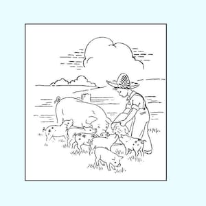 May include: A black and white line drawing of a farmer feeding a sow and piglets. The farmer is wearing a straw hat and overalls. The sow and piglets are standing in a field.