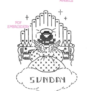 K&ouml;nnte beinhalten: Schwarz-wei&szlig;-Linienzeichnung eines Engels, der eine Orgel spielt. Der Engel sitzt auf einer Wolke mit dem Wort "SUNDAY" darunter. Der Text "DAYS OF THE WEEK ANGELS" befindet sich oben im Bild.