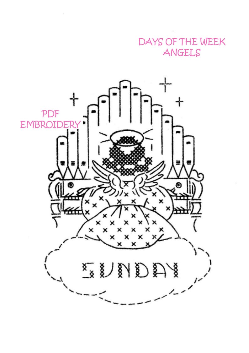 K&ouml;nnte beinhalten: Schwarz-wei&szlig;-Linienzeichnung eines Engels, der eine Orgel spielt. Der Engel sitzt auf einer Wolke mit dem Wort "SUNDAY" darunter. Der Text "DAYS OF THE WEEK ANGELS" befindet sich oben im Bild.