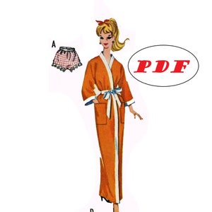 May include: A vintage sewing pattern illustration of a woman wearing a long orange robe with a white trim and a white sash. The pattern includes a separate illustration of a pair of pink and white checkered shorts with white lace trim. The text "PDF" is in a red oval.