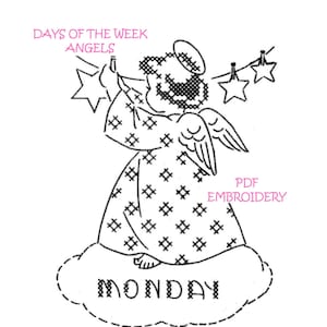 K&ouml;nnte beinhalten: Schwarzwei&szlig;es Linienkunst-Stickmuster eines Engels, der einen Stern h&auml;lt, mit dem Text "DAYS OF THE WEEK ANGELS" und "MONDAY" auf einer Wolke. Das Muster ist mit "PDF EMBROIDERY" gekennzeichnet.