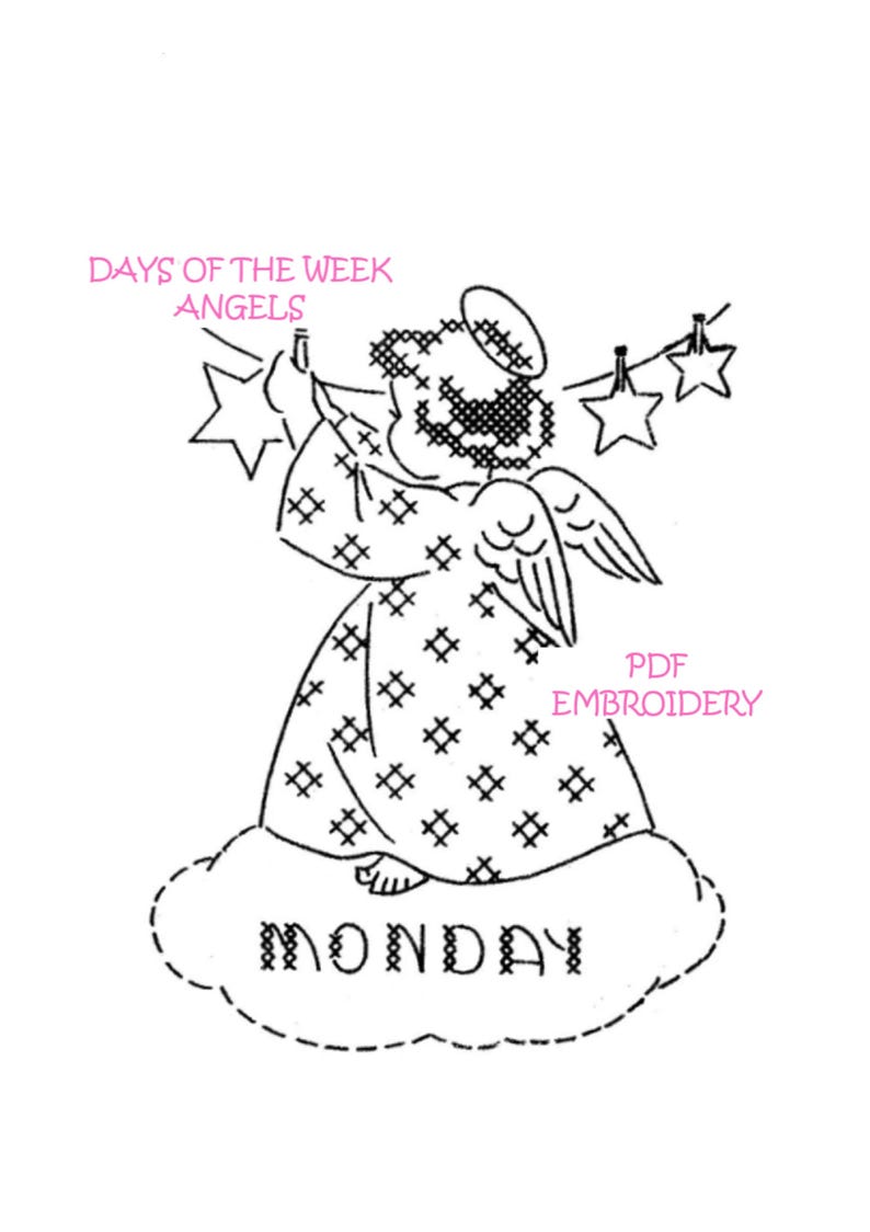 K&ouml;nnte beinhalten: Schwarzwei&szlig;es Linienkunst-Stickmuster eines Engels, der einen Stern h&auml;lt, mit dem Text "DAYS OF THE WEEK ANGELS" und "MONDAY" auf einer Wolke. Das Muster ist mit "PDF EMBROIDERY" gekennzeichnet.