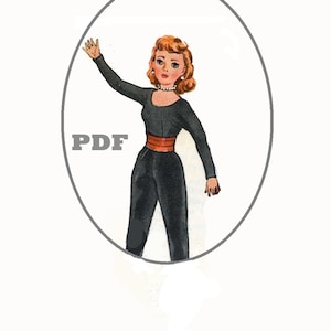 May include: A black and red jumpsuit with a white collar and a belt. The woman in the illustration is wearing the jumpsuit and has red hair.