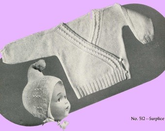 512 Knitting PATTERN for Infants Knitted set a cross over Sweater and Bonnet pattern 1940s PDF file instant download
