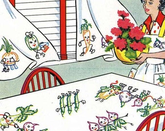 Ricamo a mano vintage digitale 198 verdure antropomorfe animate per biancheria da cucina anni '50 in formato PDF Download immediato