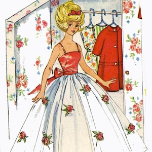 May include: A blonde doll wearing a white dress with red roses and a red bodice with a bow. The doll is standing in front of a closet with floral wallpaper and a red coat hanging inside.