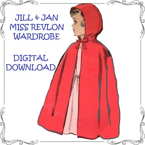 May include: A red hooded cape with a white dress underneath. The text "Jill & Jan Miss Revlon Wardrobe Digital Download" is printed on the image.