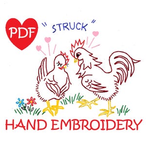 Valentine Chickens for your Dish Towels, Digital PDF Downlad, Barnyard Romance hand embroidery, Courting Rooster & Hens, Chicken Lover Gift