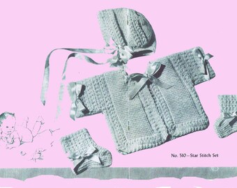 1940s Crochet PATTERN Sweater Bootie Bonnet set for Baby in Crochet pattern no 510 PDF format an Instant download
