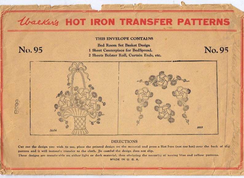 May include: A vintage envelope containing iron-on transfer patterns for a bed room set. The envelope is labeled "Wackers HOT IRON TRANSFER PATTERNS" and "No. 95". The patterns include a basket of flowers and a floral garland.