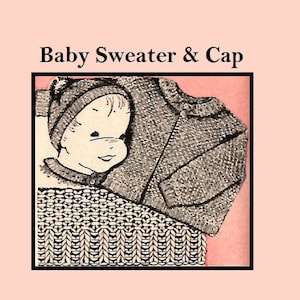 Vintage / Retro Knitting Pattern - Baby Sweater & Cap knit in Seed Stitch with crochet edge -  Size 1 - printable PDF Download