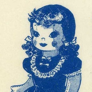 May include: A vintage illustration of a doll with dark blue hair styled in ringlets and bows. The doll has large eyes, rosy cheeks, and a small mouth. She wears a dark blue dress with a white lace collar and bows.