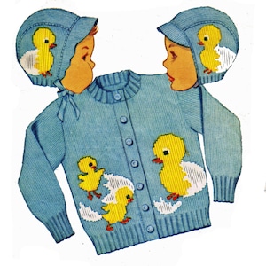 Modèle de tricot numérique 411 Tailles bébés 1, 2, 4 Pull - Cardigan - Bonnet - Chaussons - avec poussins et coquilles d'œufs - Graphique inclus