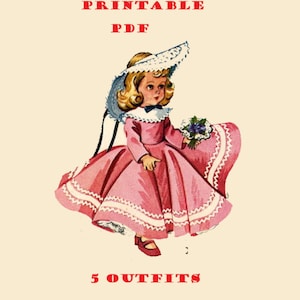 May include: Printable PDF pattern for five doll outfits. The illustration shows a doll wearing a pink dress with white lace trim and a white hat.