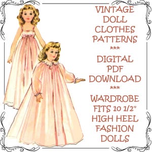 Puede incluir: Patrones de ropa de muñeca vintage para muñecas de moda de tacón alto de 10 1/2 pulgadas. Descarga digital PDF. La imagen muestra dos muñecas con camisones rosas.