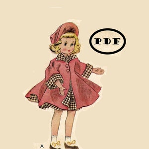 May include: A vintage illustration of a girl doll wearing a pink and black plaid dress with a matching hat. The doll is wearing black shoes with yellow bows. The image has the word "PDF" in a black circle.