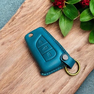 Può includere: Un portachiavi in ​​pelle blu turchese con tre pulsanti e un anello in metallo dorato. Il portachiavi è su una superficie di legno.