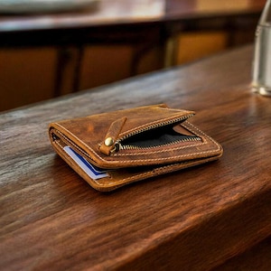 Tarjetero de cuero plegable - Billetera fina hecha a mano con iniciales grabadas - Tarjetero minimalista con personalización personalizada