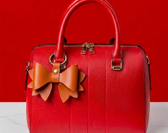 Structured Nappa Leather Bow Bag Charm & Keychain – Handmade Luxury Purse Accessory – Modern Leather Statement Gift Her