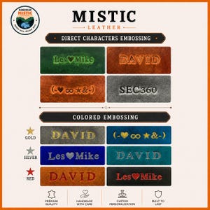 May include: A Mistic Leather display showing direct characters embossing on green, brown, and gray leather swatches, and colored embossing in gold, silver, and red on various colored leather strips with text examples like Les Heart Mike and DAVID.
