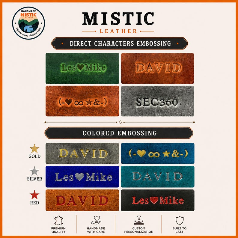May include: A Mistic Leather display showing direct characters embossing on green, brown, and gray leather swatches, and colored embossing in gold, silver, and red on various colored leather strips with text examples like Les Heart Mike and DAVID.