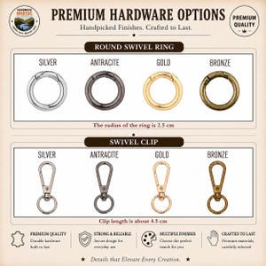 May include: A hardware display featuring round swivel rings and swivel clips in silver, anthracite, gold, and bronze finishes. The text includes Premium Hardware Options, Round Swivel Ring with a 2.5 cm radius, and Swivel Clip with a 4.5 cm length.
