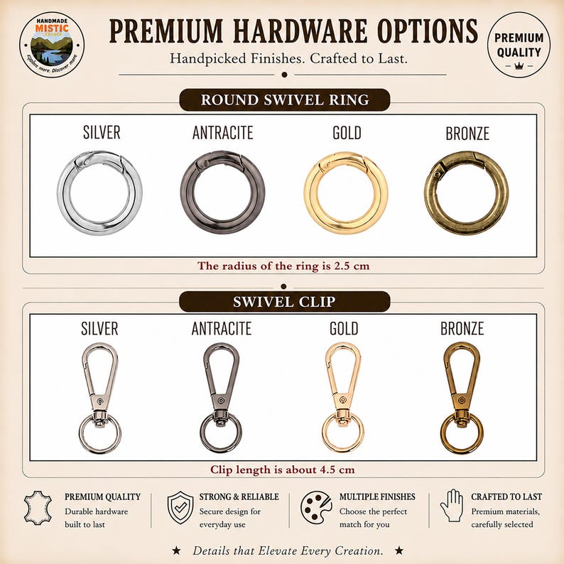 May include: A hardware display featuring round swivel rings and swivel clips in silver, anthracite, gold, and bronze finishes. The text includes Premium Hardware Options, Round Swivel Ring with a 2.5 cm radius, and Swivel Clip with a 4.5 cm length.