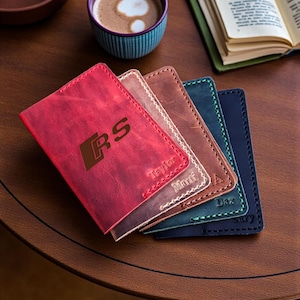 Passport Leather Organizer Case- Custom Text- Car Logo Travel License Leather Cover Holder- Personalized Handmade Insurance Wallet Gift