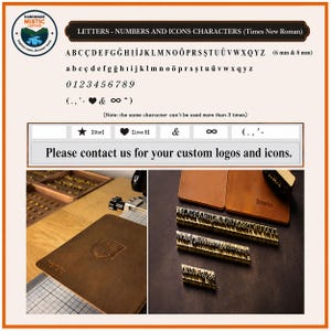 May include: A set of brass metal stamps featuring Times New Roman letters, numbers, and icons in 6 mm and 8 mm sizes. The image displays character sets, a leather item with a custom shield logo, and metal stamp bars on a dark surface.
