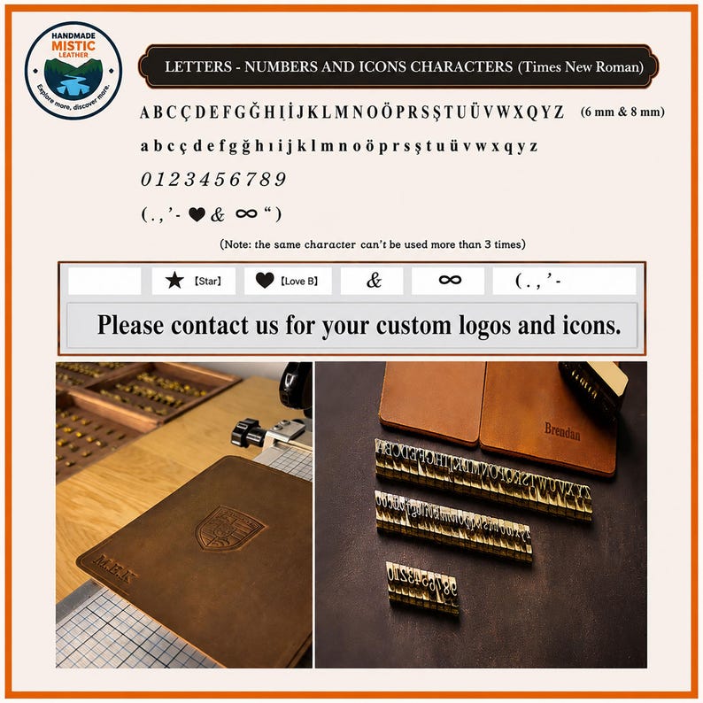 May include: A set of brass metal stamps featuring Times New Roman letters, numbers, and icons in 6 mm and 8 mm sizes. The image displays character sets, a leather item with a custom shield logo, and metal stamp bars on a dark surface.