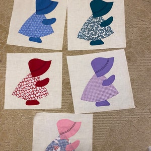 5 Antique Sunbonnet Sue Cotton Quilt Blocks from the 1930s Hand Applique