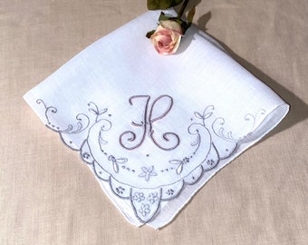 Vintage White Hanky with a Gray and Pink Initial H - Handkerchief Hankie