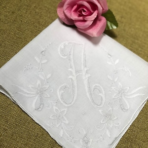 Vintage White Hanky with a White Initial A - Handkerchief Hankie