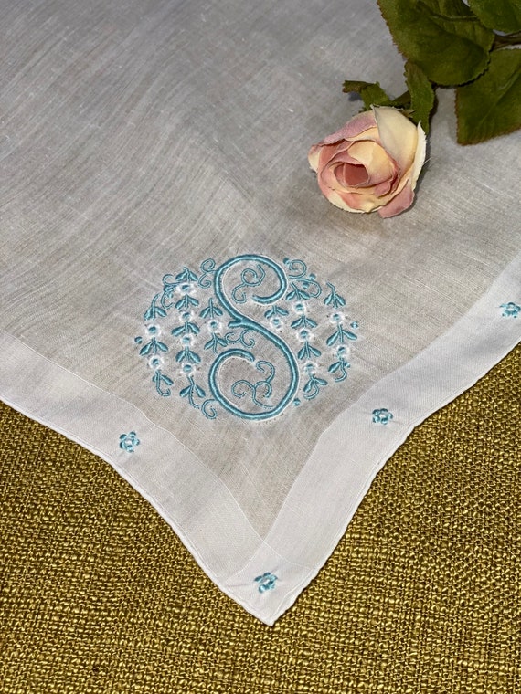 Vintage White Hanky with a Blue Initial S - Handke