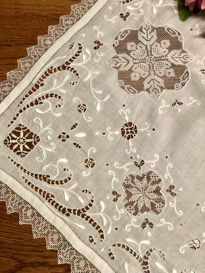 Antique Linen Dresser Scarf or Runner Doily with Embroidery and Needlework Inserts