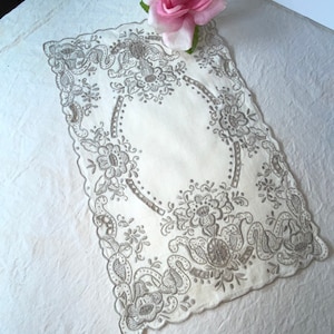 Vintage Ecru Linen Dresser Scarf or Doily with Lots of Embroidery
