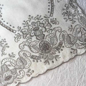 Vintage Ecru Linen Dresser Scarf or Doily  Heavily Embroidered