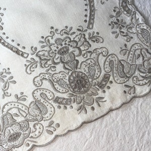 Vintage Ecru Linen Dresser Scarf or Doily with Heavily Embroidery