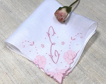 Vintage White Hanky with a Pink Initial E - Handkerchief Hankie Bridal Wedding Shower Gift Bride